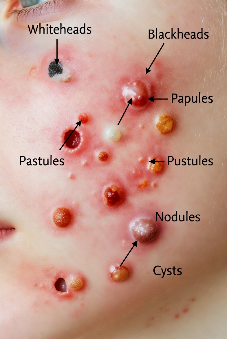 Different types of acne lesions